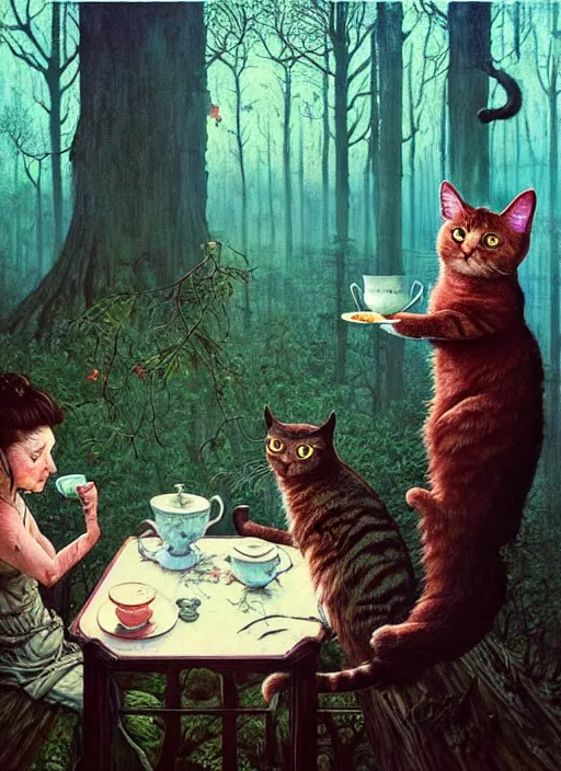 Image similar to cat having tea with a witch in the woods gorgeous lighting, lush forest foliage blue sky a hyper realistic painting by chiara bautista and beksinski and norman rockwell and greg rutkowski weta studio, and lucasfilm