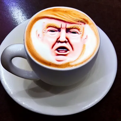 Image similar to donald trump as foam latte art, in coffee cup photorealistic