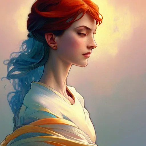 Prompt: Harmony is a hue created with swirls of white gouache, hopeful cerulean, and a daub of joy orange, intricate, highly detailed, digital painting, artstation, concept art, smooth, sharp focus, illustration, Unreal Engine 5, 8K, art by artgerm and greg rutkowski and alphonse mucha