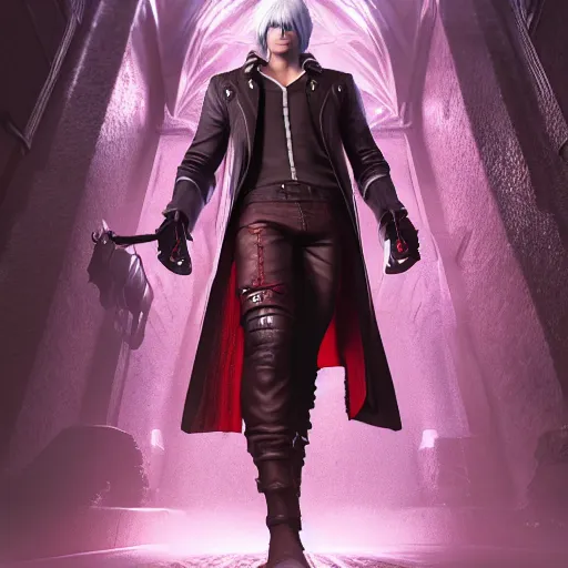 prompthunt: portrait of dante from devil may cry 4, medium length hair,  photorealistic, high quality, unreal engine, highly detailed face, sharp  focus, depth of field, ambient lighting, ray tracing, 4k, hdr, artstation