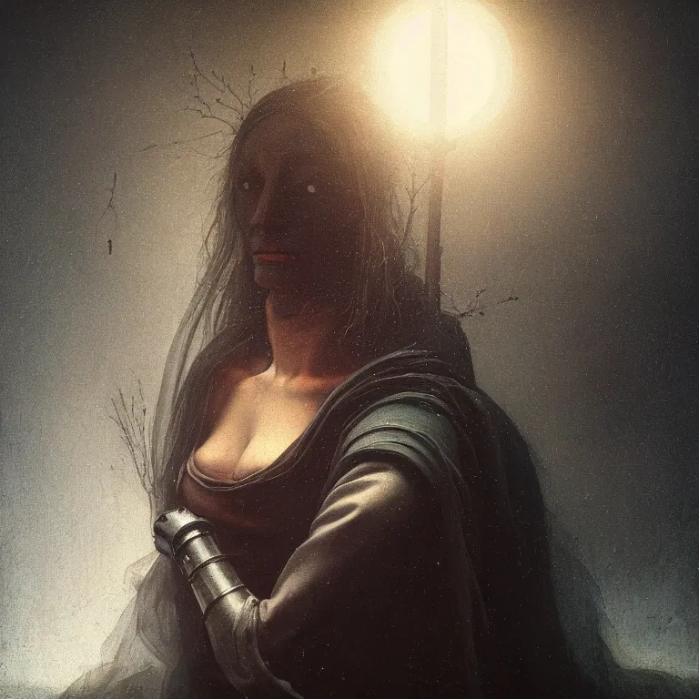 Image similar to beautiful portrait of cyborg witch by hieronymus bosch, soft grainy bloom lucid dream - like atmosphere, harsh flash photo, baroque portrait painting, perfect composition, detailed octane render trending on artstation, 8 k artistic photography, volumetric cinematic perfect light, chiaroscuro, masterpiece, raphael, caravaggio, beksinski, rutkowski, beeple