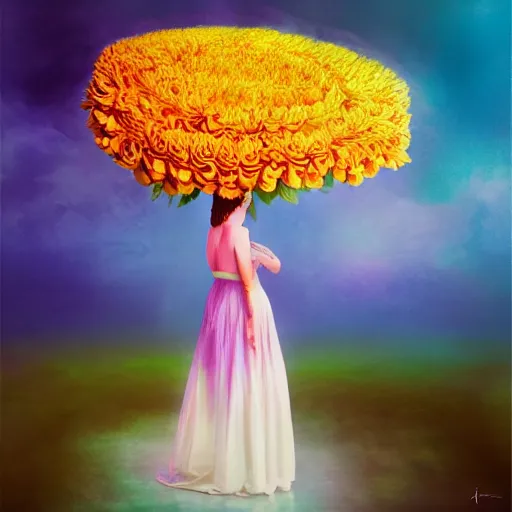 Image similar to huge flower as head, woman standing in a luxury apartment, surreal photography, dramatic light, impressionist painting, digital painting, artstation, georgia o'keeffe