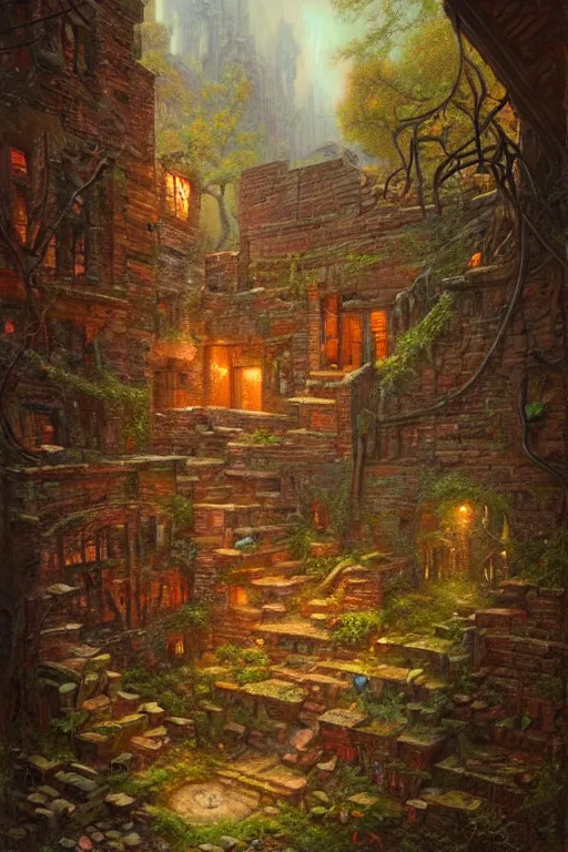 Image similar to (((((a ramshackle manhattan brick brownstone deep in the forest))))) by Justin Gerard!!!!!!!!!!!!!!!!!!!!!!!!!!!