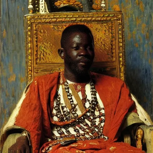 Prompt: king of benin on his throne in traditional dress, 1905, bright, highly detailed, oil on canvas, by Ilya Repin