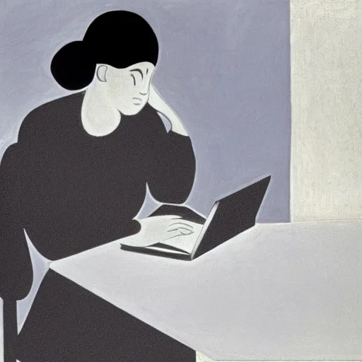 Prompt: close - up of a frustrated young woman coding on her laptop, by matisse 1 9 4 5. early morning, hot coffee