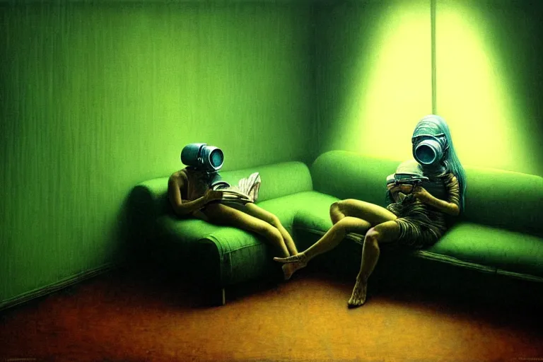 Prompt: hyper realistic girl with wearing a gas mask lying on the sofa reading a book in her room, in the style of beksinski, solarpunk, exact anatomy, atmospheric, clean, intricate and epic composition, green by caravaggio, insanely quality, highly detailed, masterpiece, blue light, artstation, 4 k
