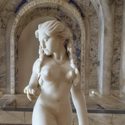 Prompt: a photo a huge marble statue of Lady Lunafreya, shallow focus