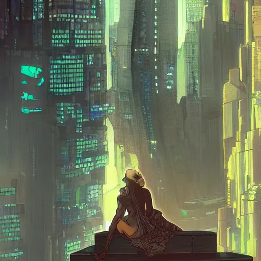 Image similar to “ a girl standing on a ledge looking down at a futuristic new york city below, cyberpunk, ghostpunk, storm clouds, very detailed, by alphonse mucha ”