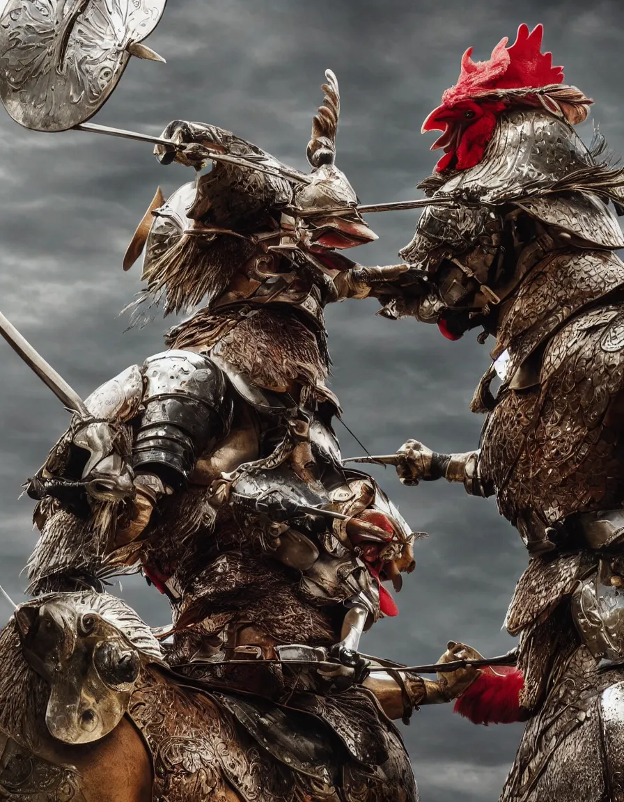 Prompt: rooster with plate armor jousting, hyper-realistic, 4k, movie poster, fantasy