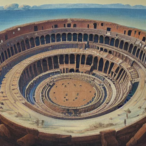 Image similar to a colosseum like arena with it's central round inner arena part surrounded with water, view from the sky, detailed painting, 8 k