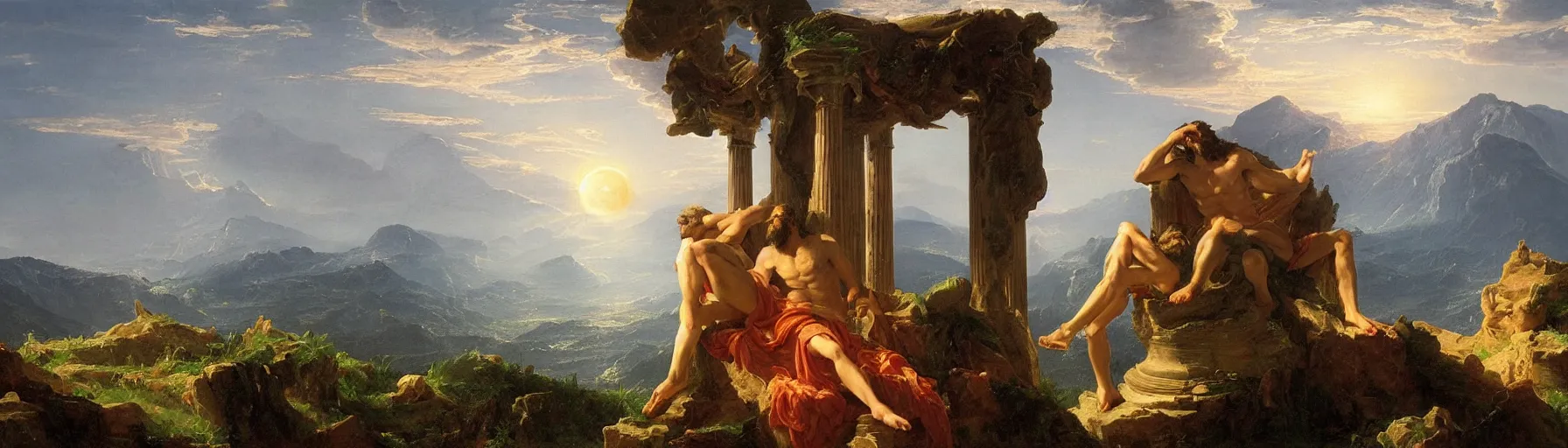 Prompt: an awe-inspiring thomas cole style painting of Zeus contemplating humanity's predicament atop an enormous Greco-Roman column while the sun sets upon Mount Olympus in the distance