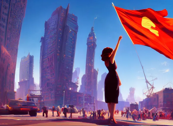 Prompt: gorgeous inspiring girl enthusiastically waving a red flag over her head to lead people in a Mandelbrot fractal bustling utopian NY by Craig Mullins, ilya kuvshinov, krenz cushart, artgerm trending on artstation by Edward Hopper and Dan Mumford and WLOP and Rutkovsky, Unreal Engine 5, Lumen, Nanite, low poly