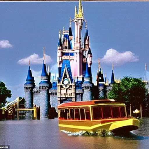 Image similar to a postcard of disneyworld in 2100 that shows the magic kingdom castle flooded with weeds growing and air boat tour through flooded structures