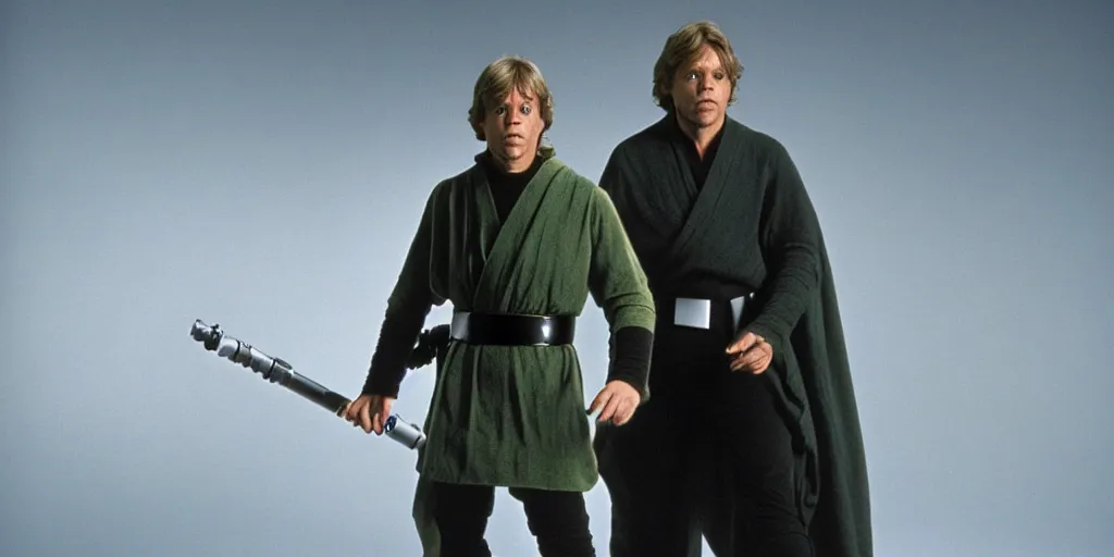 Image similar to Luke Skywalker Return of the jedi costume played by Mark Hamill 1983, standing alone, full body shot, motion blur, sequel trilogy 80s, green lightsaber, heroic pose, running through battle ultra realistic, 4K, movie still, UHD, sharp, detailed, cinematic, render, modern