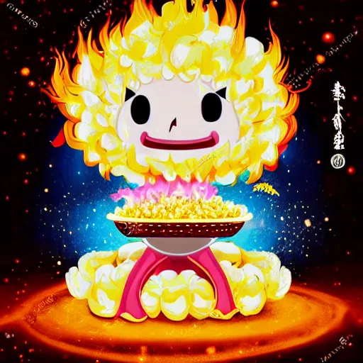 Prompt: fluffy strange popcorn elemental spirit manga character with a smiling face and flames for hair, sitting on a lotus flower, clean composition, symmetrical