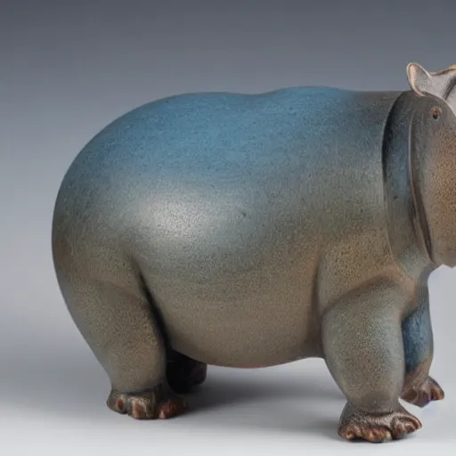 Image similar to wood block small hippo statue, wood blocks bottom hippo body, blue chrome top hippo body, by a genius craftsman, highly detailed