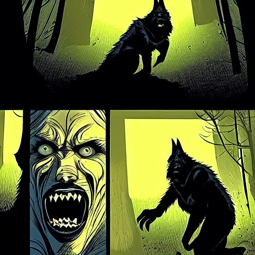 Prompt: Style Tim Jacobus and Rafael Albuquerque:: werewolf with big claws symmetrical face, long snout, big sharp teeth, yellow eyes, fully detailed face:: attacking a man in the woods:: night time, full mood, fog, realistic, scary, horror, full body