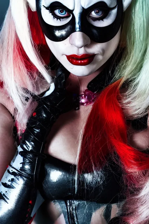 Prompt: lady gaga as harley quinn highly detailed, wide shot, intricate, fearful, mystical, sharp focus, Trending on Artstation HQ, deviantart, unreal engine 5, 4K UHD image