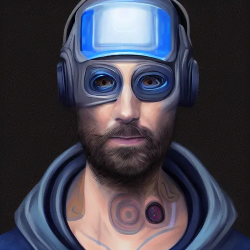 Image similar to a portrait of an ultradetailed futuristic male cyberpunk waring a hoodie, bearded, deep blue eyes, by dylan kowalski, 8 k, digital painting