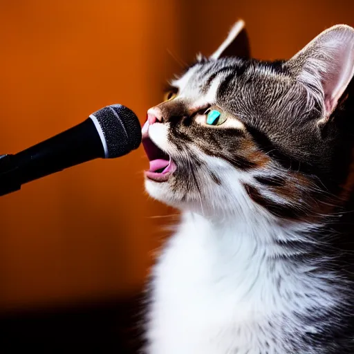 Prompt: a cat singing on stage, professional photography