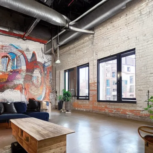 Image similar to trendy downtown loft with modern murals on the wall, contemporary art, and patterns, interior design, rustic industrial architecture