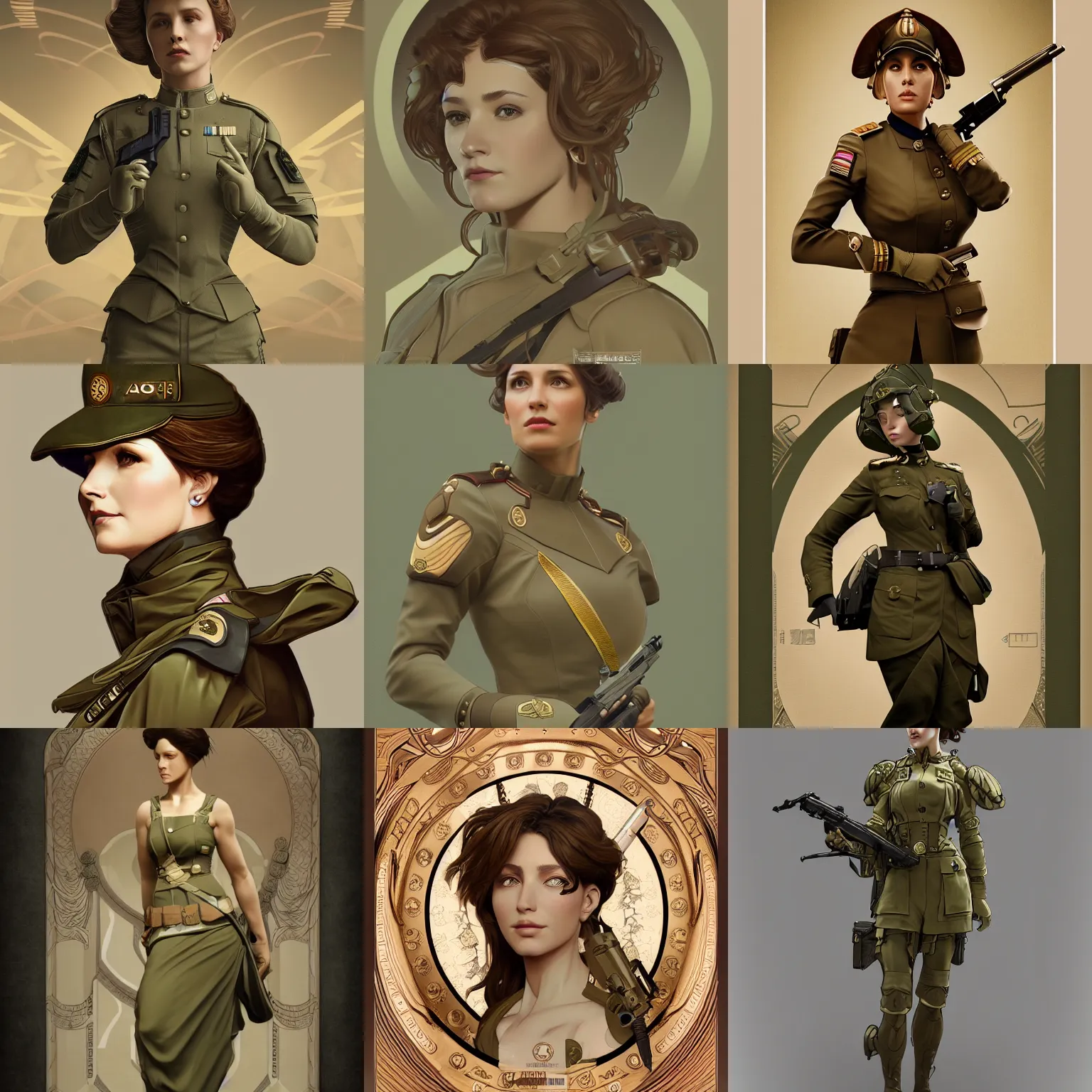 Prompt: elegant woman army general in khaki, as seen on artgerm, octane render, in the style of alphonse mucha, ultra realistic, highly detailed, 8 k