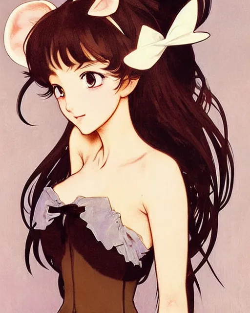 Image similar to A cute painting of a very very beautiful anime skinny mousegirl with long wavy brown colored hair and small mouse ears on top of her head wearing a cute black dress and black shoes looking at the viewer, elegant, delicate, feminine, soft lines, higly detailed, smooth , pixiv art, ArtStation, artgem, art by Gil Elvgren alphonse mucha and Greg rutkowski, high quality, digital illustration, concept art, very long shot