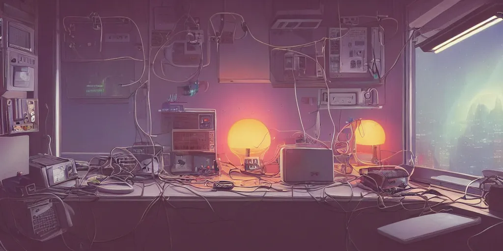 Image similar to cozy 9 0 s bedroom retrofuturism, cluttered, wires everywhere, computer, window, at night, lit only by the luminescent computer screen, cyberpunk city, dramatic lighting, alien technology, detailed by simon stalenhag