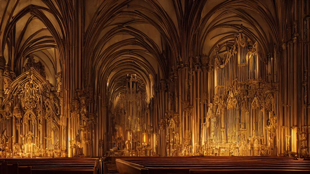 Image similar to a complex ancient pipe organ cathedral interior, 4 k, stone pews, skulls, giant alembic, candle lighting, octane render, natural color scheme, architectural photography, f 3 2, still from movie by guillermo del toro