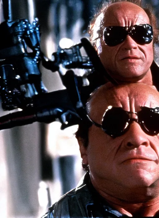 Image similar to film still of Danny DeVito as The Terminator in Terminator, 4k