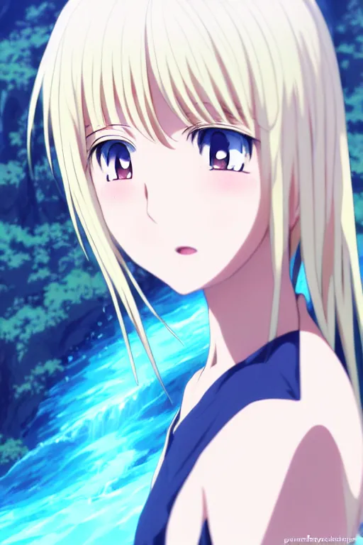 Image similar to anime art full body portrait character concept art, anime key visual of elegant young female, platinum blonde straight bangs and large eyes, finely detailed perfect face delicate features directed gaze, laying on back near a waterfall, arms crossed behind head, trending on pixiv fanbox, studio ghibli, extremely high quality artwork