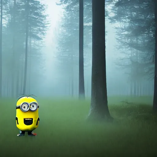 Prompt: sad minion in misty forest scene, the sun shining through the trees