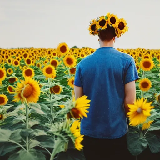 Prompt: kodak portra 4 0 0 photograph of a skinny blonde guy standing in field of sunflowers, back view, flower crown, moody lighting, telephoto, 9 0 s vibe, blurry background, vaporwave colors, faded!,