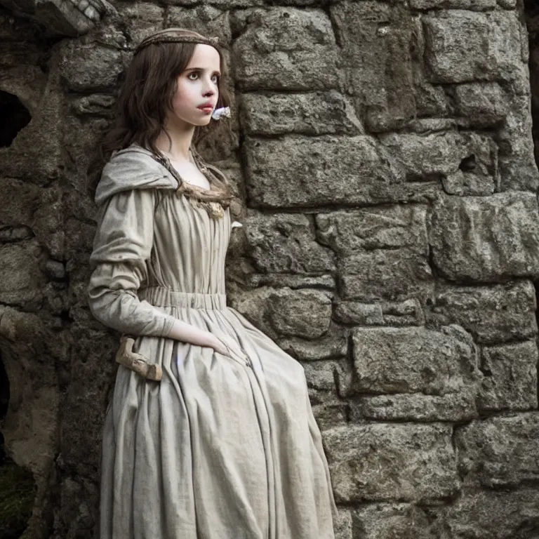 Prompt: portrait of felicity jones as a beautiful medieval maiden in a stone courtyard, confident pose, coherent, insane detail, concept art, character concept, cinematic lighting, global illumination radiating a glowing aura