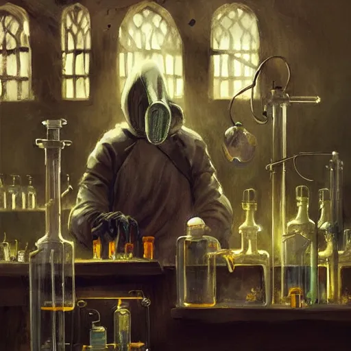 Image similar to medieval fantasy alchemist wearing a plague doctor mask working in laboratory, oil painting, by Greg Rutkowski