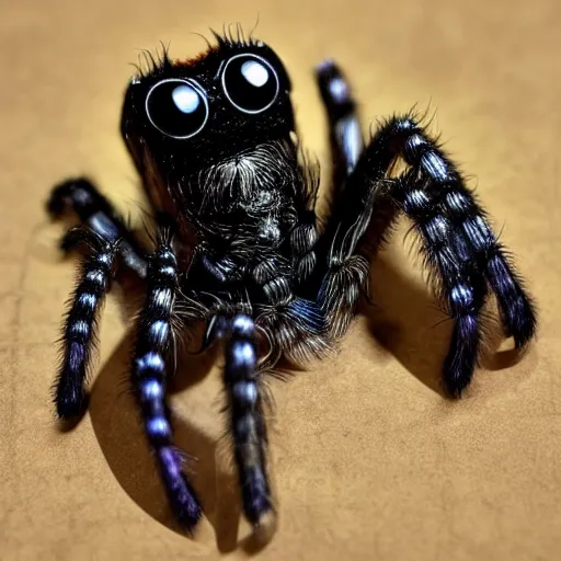 Image similar to a human sized jumping spider pressing keyboard keys, by pixar, iridescent