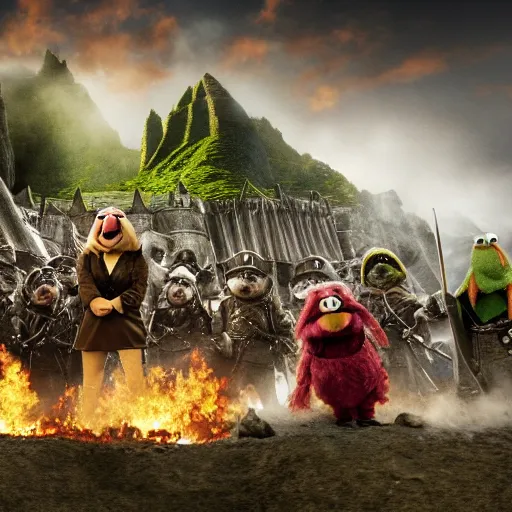 Image similar to The muppets in the battle of helms deep wide angle battle scene, highly textured, hyperrealism, explosions, award winning, gritty