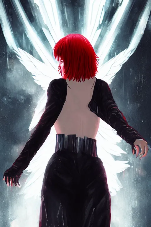Image similar to white arc-angel with mystic robotic wings, blade runner, akira with red hair, ghost in the shell, 2077, ultra detailed, digital art, 8k ,character ,realistic, portrait, hyperrealistic