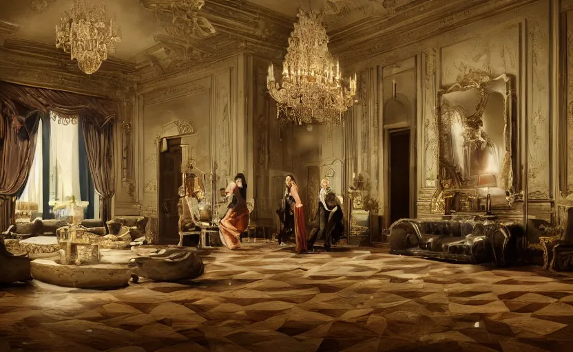 Image similar to realist rococo painting of a 1 9 2 0 s party in a beautiful mansion grand foyer, many partygoers, strong contrast, unreal engine, hyper realism, realistic shading, cinematic composition, realistic render, octane render, detailed textures, photorealistic, ultrawide shot, 3 5 mm film