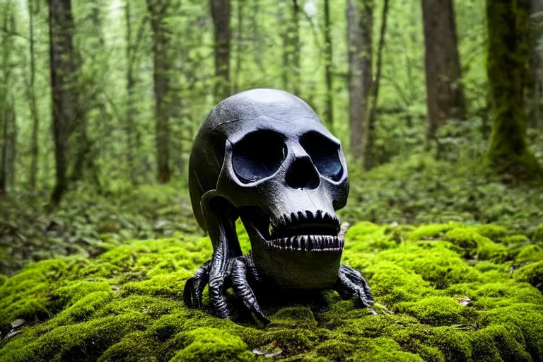 Prompt: high quality scary alienated monster skull statue sitting in the middle of a dark and creepy forrest, partly covered with moss, highly detailed, cinematic smooth, stephen shore & john j. park, soft morning light, wide shot, high angle, uhd 8 k, deep focus