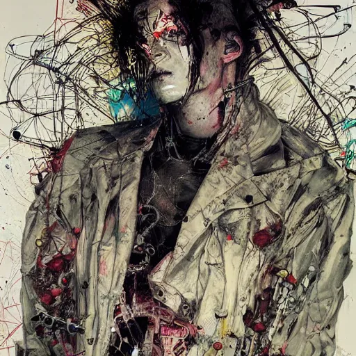 Prompt: a male cyberpunk hacker, skulls, wires cybernetic implants, machine noir dieselpunk grimcore, in the style of adrian ghenie esao andrews jenny saville surrealism dark art by james jean takato yamamoto and by ashley wood