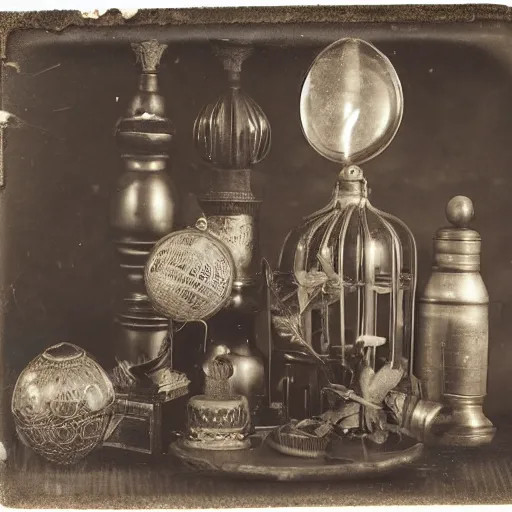 Image similar to Tintype photograph of a magical objects displayed in an ethnographic museum, archive material, anthropology, 1920s studio lighting.