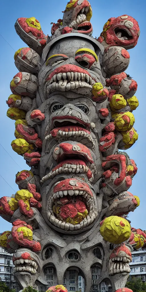 Image similar to colossal grotesque Beelzebub flower made from angry smiles in the middle of post soviet constructivist cityscape, Stalinist architecture, brutalist architecture, ultradetailed, Intricate by Hayao Miyazaki and Josan Gonzalez and Makoto Shinkai and Giuseppe Arcimboldo and MC Esher and Wes Anderson