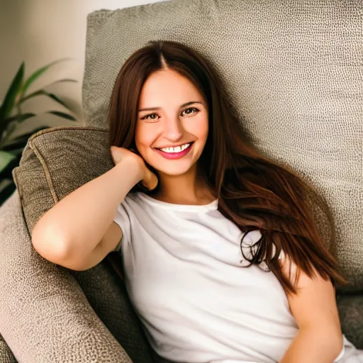 Image similar to a cute young woman smiling, long shiny bronze brown hair, full round face, green eyes, medium skin tone, light cute freckles, smiling softly, wearing casual clothing, relaxing on a modern couch, interior lighting, cozy living room background, medium shot, mid-shot, soft focus