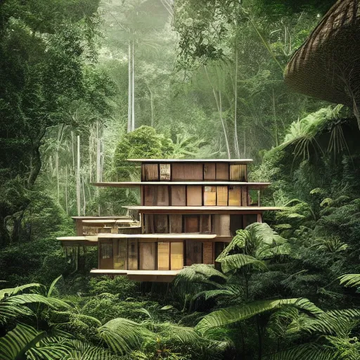 Prompt: a beautiful 3d renderings of a little huse in a jungle, architecture by Kengo Kuma. Architectural photography, 14mm, cinematic photography, high resolution 4k, cg architects, vray