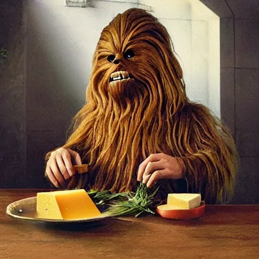 Image similar to dutch chewbacca wearing clogs and eating cheese