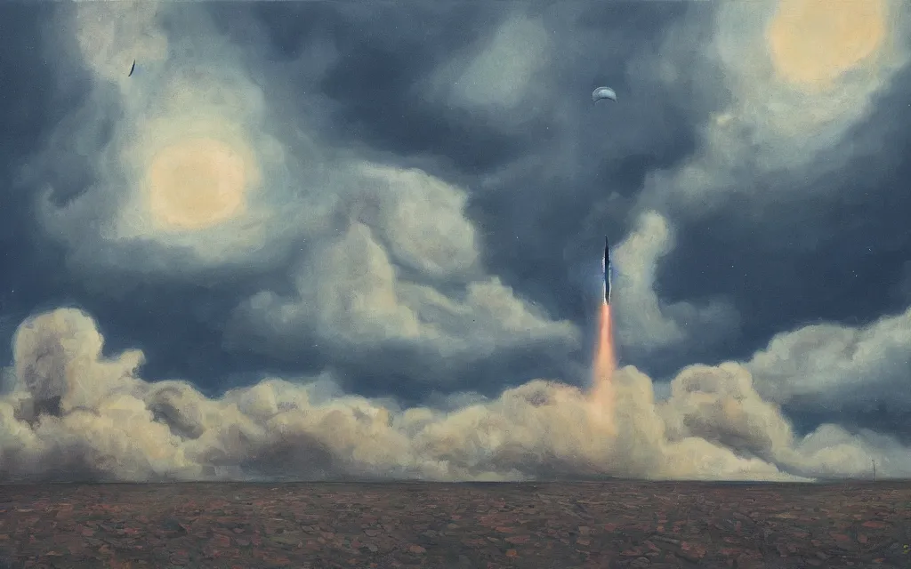 Prompt: rockets, ominous sky, oil on canvas, by edelfelt