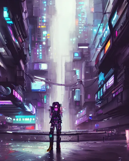 Image similar to realistic female artist creating art on her computer, cyberpunk city, artstation trends, sci fi concept art, highly detailed, intricate, sharp focus, digital art, 8 k,