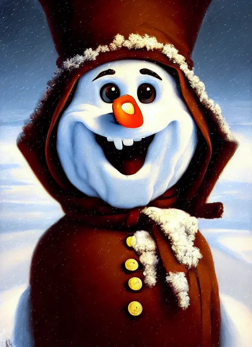 Image similar to a masterwork chiaroscuro oil painting portrait of adorable symmetric snowman olaf from disneys frozen in the style of a renaissance painting, insane detail, jan matejko, jan van eyck, trending on artstation, artgerm