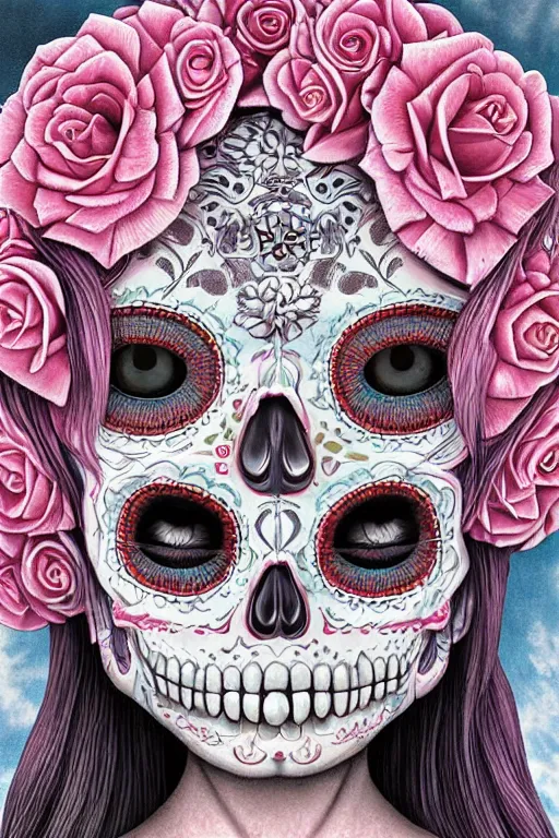 Prompt: illustration of a sugar skull day of the dead girl, art by naoto hattori